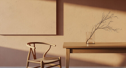 Minimalist beige interior with wooden dining table and wishbone chair. Japandi style room with dry branch decoration and shadows