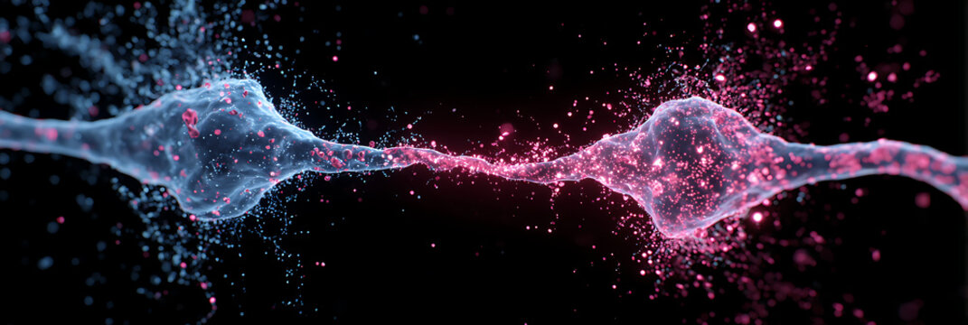 Abstract Neural Synapse Connection with Glowing Blue and Pink Particles Digital Neuroscience Art Illustration for Medical Technology