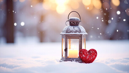 Dark lantern with lit candle and red heart in snowy winter landscape at sunset image photo