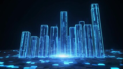 Abstract digital cityscape with glowing blue bars and binary code on a dark textured surface technology - Powered by Adobe