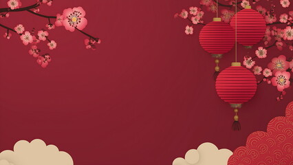 Obraz premium Minimalist Chinese New Year Red Background with Lanterns and Floral Elements