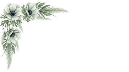 Soft elegant watercolor corner border with anemones and pampas grass in sage green isolated on white background