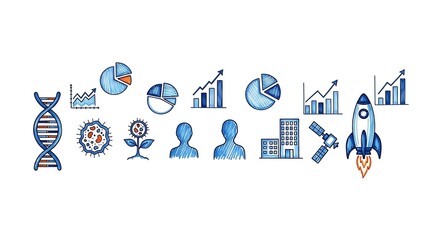 Abstract Blue and White Tech Illustrations of Rockets and Satellite Dishes