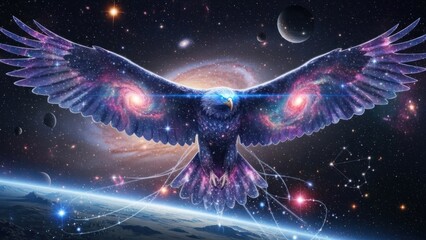 Cosmic eagle spreading wings against stellar background