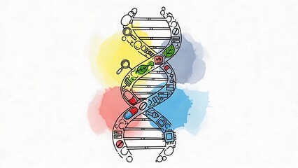 Detailed DNA Double Helix Illustration with Scientific Symbols