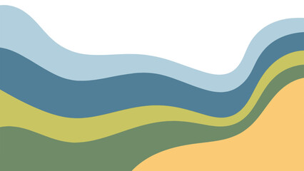 Fototapeta premium Abstract landscape with wavy layers of green, blue, and yellow, illustrating a serene natural scene, viewed from above.