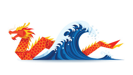 Vibrant dragon riding ocean wave with dynamic movement and energy, Generative AI.