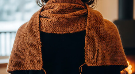 Woman Wearing Warm Knit Scarf Draped Around Shoulders