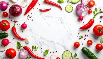 Assortment of fresh vegetables, red and green, scattered on white marble background