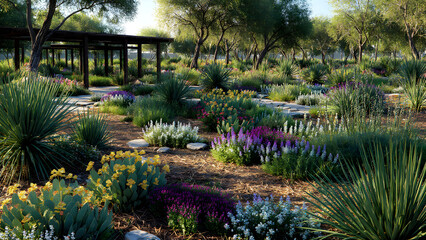 Low-irrigation eco garden design focused on sustainability