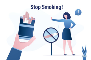 Seller hand give cigarette package. Smart woman shows gesture - stop. Refusal and quit smoking. Overcoming smoking addiction. Tobacco under restriction. Stop bad habit.