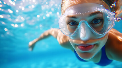 Fototapeta premium Underwater adventure! A woman explores the depths with clear goggles, her blue eyes sparkling against the vibrant blue water, capturing the essence of aquatic exploration.