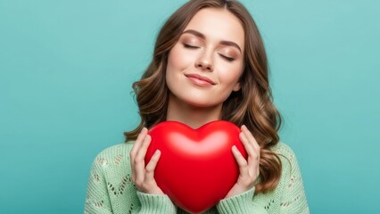 Woman embracing red heart. Self love concept Valentine