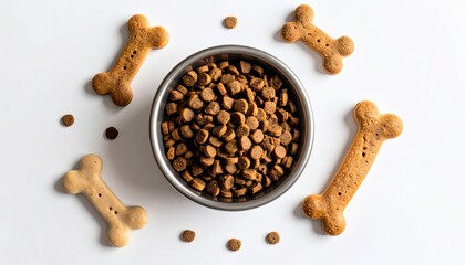 Overhead shot of a metal bowl overflowing with kibble, bone-shaped treats scattered around
