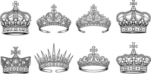 Royal crown and tiara collection, vintage king queen and princess headwear, cad drawing flat vector illustration, isolated on white © hiiii