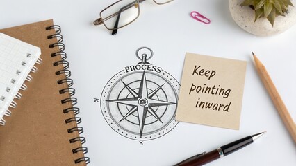 A compass sketch showing direction of process on a white paper