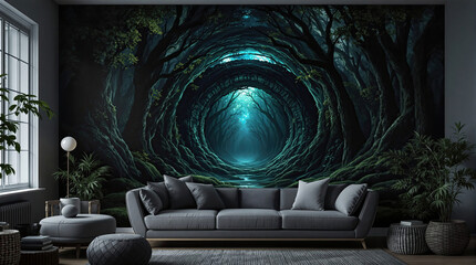 A large portal into a mystical forest on the wall of my dark living room.