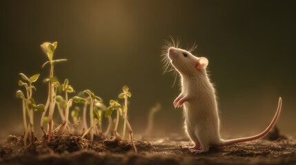 A cute white rat standing tall and looking up in sunlight