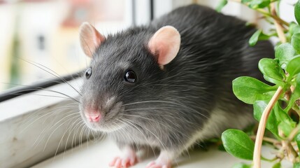 A cute Fancy Rat perched calmly with tail to the side