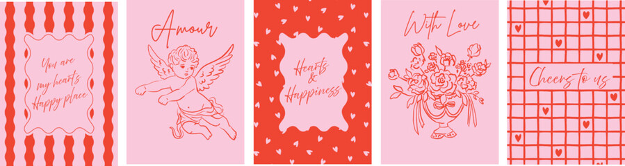 Fototapeta premium Valentine posters set with cupid art, hearts, flowers, handwritten quotes. Ideal for wall decor, greeting cards, invitations, prints, social media, wall art. 