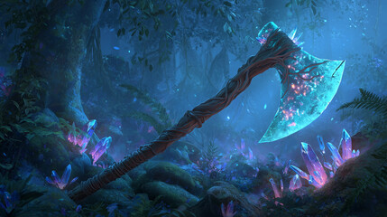 Glowing fantasy axe in mystical forest with crystals
