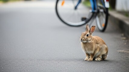 Rabbit sitting on pavement next to bicycle