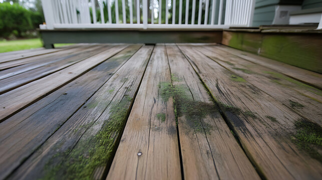 Rustic wooden deck with weathered texture and vibrant moss accents, evoking a sense of natural charm and outdoor living. Perfect for backdrops or home designs.
