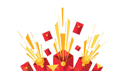 Vibrant red envelopes exploding in dynamic motion with golden accents, Generative AI.
