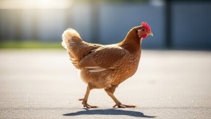 Brown chicken walking outdoors under bright sunlight