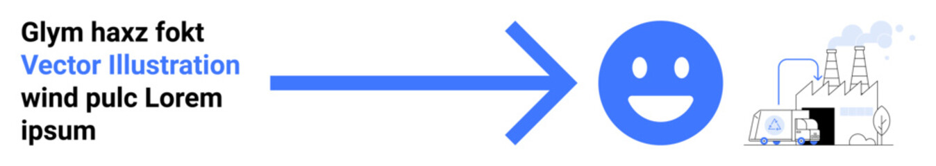 Fototapeta premium Industrial process, efficiency, sustainability, innovation, manufacturing, environmental care. Blue arrow leading to a happy face from a factory. Industrial process and efficiency concept