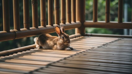 Rabbit resting on bamboo decking with wooden railing