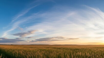 Panoramic field under blue sky and soft sunlight