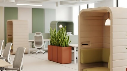 Modern Open Plan Office with Work Pods and Indoor Greenery
