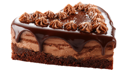 Piece of delicious chocolate cake with dripping glaze and cream rosettes