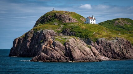 A white lighthouse standing on a rocky island near the ocean