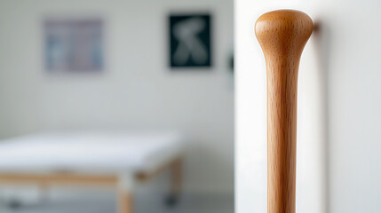 A wooden therapy tool stands elegantly against a pristine white wall. The image captures a serene spa or clinical setting, emphasizing wellness and attention to detail.