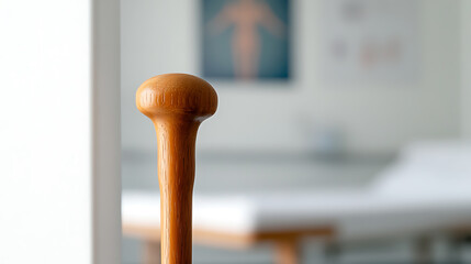 Close-up of a wooden massage tool in a wellness clinic. Sunlight illuminates the spa aesthetic, fostering serenity. Blurry figure chart in background.