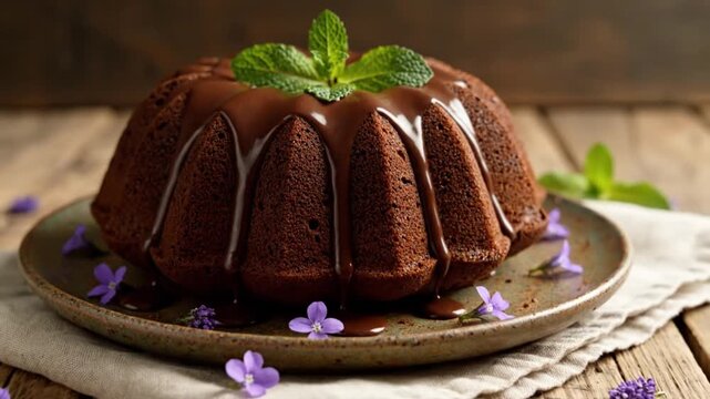 A decadent chocolate bundt cake is beautifully presented, lavishly drizzled with rich, glossy chocolate ganache that cascades appealingly down its intricately fluted sides. Fresh, vibrant green mint l