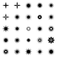 Comprehensive collection of monochrome vector starburst and sparkle shapes, offering a wide range of abstract light bursts and decorative graphic elements for diverse creative applications