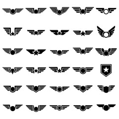 Dynamic vector collection of stylized winged emblems, badges, and insignia, symbolizing achievement, flight, and the spirit of success, ideal concept for design projects and branding