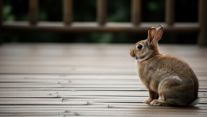 Obraz premium Rabbit sitting on wooden deck with bokeh background