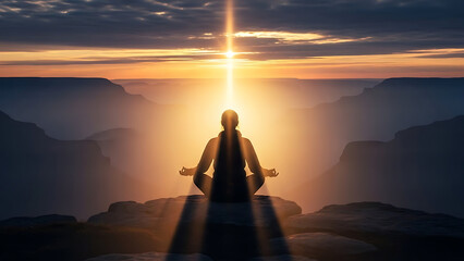 Serene woman meditating on rocky cliff edge at sunrise with majestic canyon landscape and vibrant sky