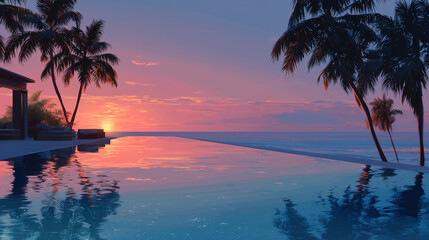 Serene tropical resort pool at sunset with palm trees