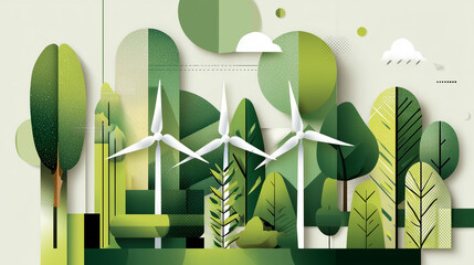 Sustainable wind turbines in modern green forest landscape
