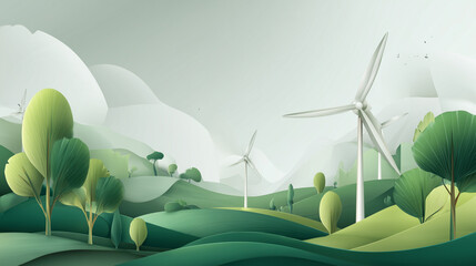 Sustainable landscape with wind turbines and green hills