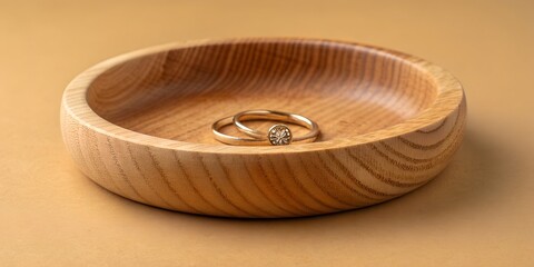 Pair of small gold wedding rings resting inside shallow circular wooden bowl closeup