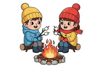 Whimsical illustration of happy children bundled in winter hats and jackets, gathered around a cozy campfire, joyfully roasting marshmallows during a charming outdoor activity