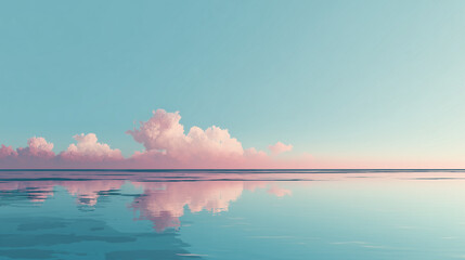 Serene ocean landscape with pink clouds reflecting on calm water