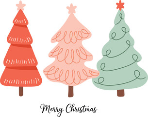 Hand drawn Christmas tree vector set with colorful stylized evergreens in red, pink and green with stars © Majnur