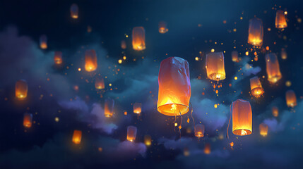 Glowing lanterns floating in the night sky with clouds